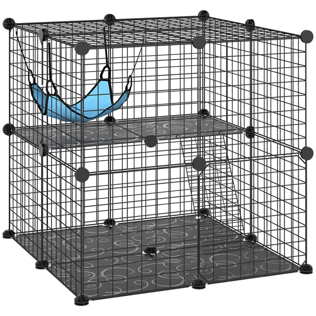 Indoor Cat Cage DIY Customizable 2-Tier Indoor Cat Enclosure with 2 Doors and Hammock 70 cm Black