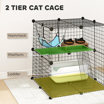 Indoor Cat Cage DIY Customizable 2-Tier Indoor Cat Enclosure with 2 Doors and Hammock 70 cm Black