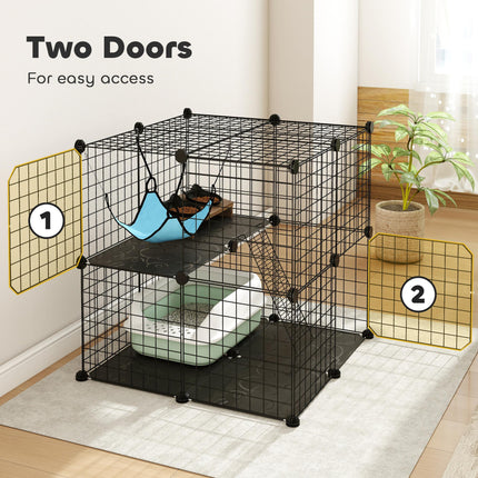 Indoor Cat Cage DIY Customizable 2-Tier Indoor Cat Enclosure with 2 Doors and Hammock 70 cm Black