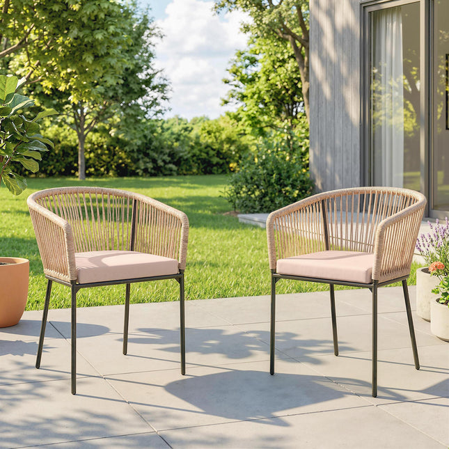 Garden Chairs Set of 2, Rattan Garden Dining Chairs with String Back Armrests, C