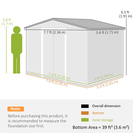 8 x 6ft Galvanised Steel Shed, with Double Door - Light Grey