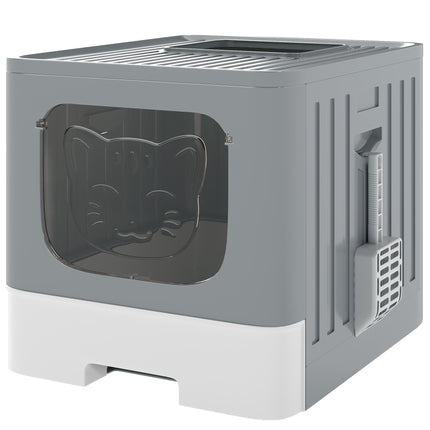 Cat Litter Box with Lid, Slide-Out Drawer, Scoop, Easy Clean, Odour Control, Anti-Splashing, Grey
