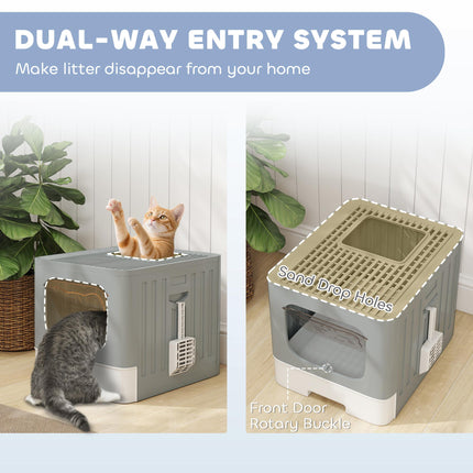 Cat Litter Box with Lid, Slide-Out Drawer, Scoop, Easy Clean, Odour Control, Anti-Splashing, Grey