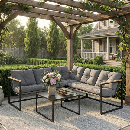 4 Piece Garden Furniture Set with Thick Cushions and Coffee Table, Patio Convers