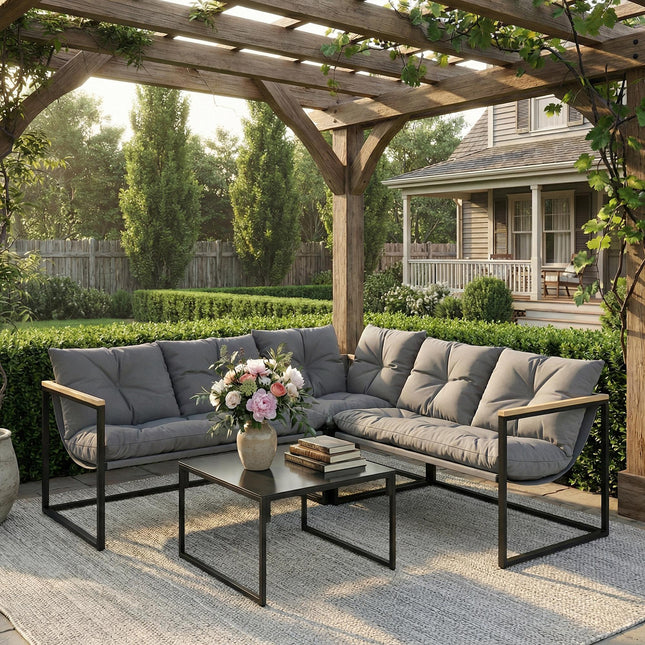 4 Piece Garden Furniture Set with Thick Cushions and Coffee Table, Patio Convers