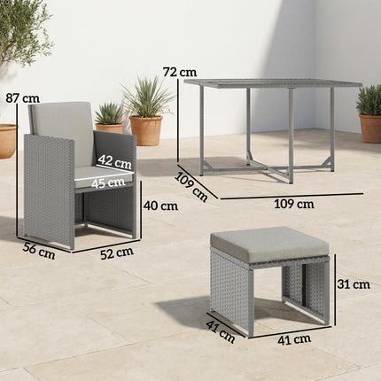 9 Piece Rattan Cube Garden Furniture Dining Set with Armchairs, Footstools and Glass-Top Table, Light Grey