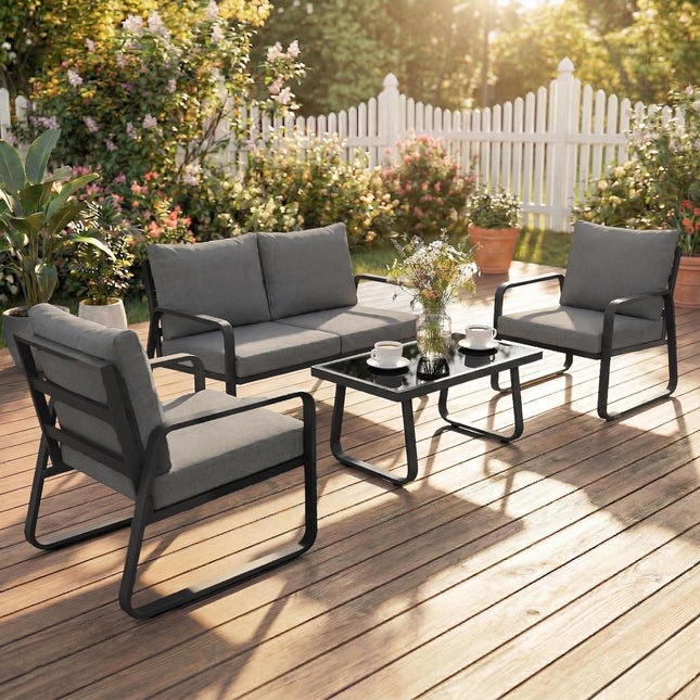 4 Piece Garden Furniture Set, Outdoor Sofa Set with Loveseat, 2 Armchairs, Coffee Table and Cushions