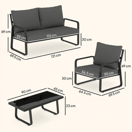 4 Piece Garden Furniture Set, Outdoor Sofa Set with Loveseat, 2 Armchairs, Coffee Table and Cushions