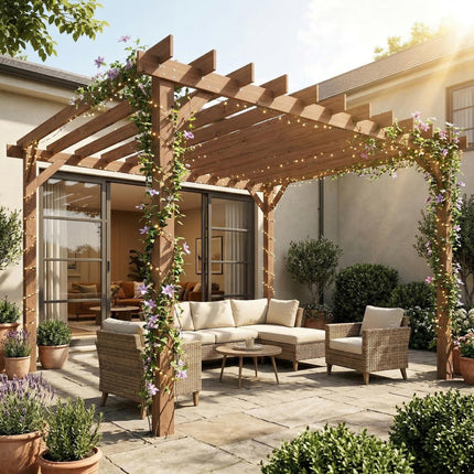3 x 3 m Wooden Pergola Kit, Garden Pergola Gazebo Grape Trellis with Triangle Supports, Maple Wood-effect
