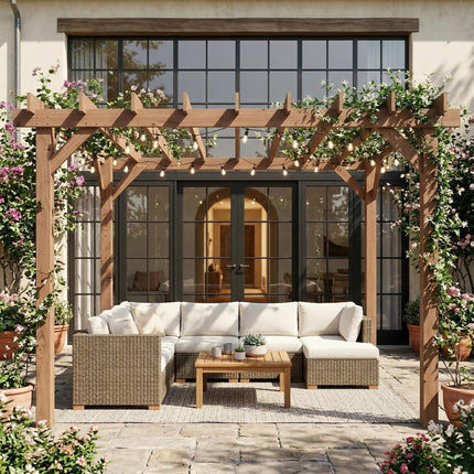 3 x 3 m Wooden Pergola Kit, Garden Pergola Gazebo Grape Trellis with Triangle Supports, Maple Wood-effect