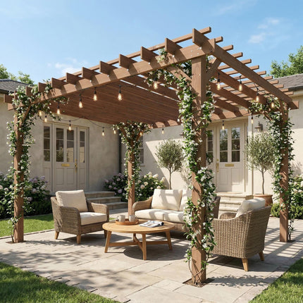 3 x 3 m Wooden Pergola Kit, Garden Pergola Gazebo Grape Trellis with Triangle Supports, Maple Wood-effect