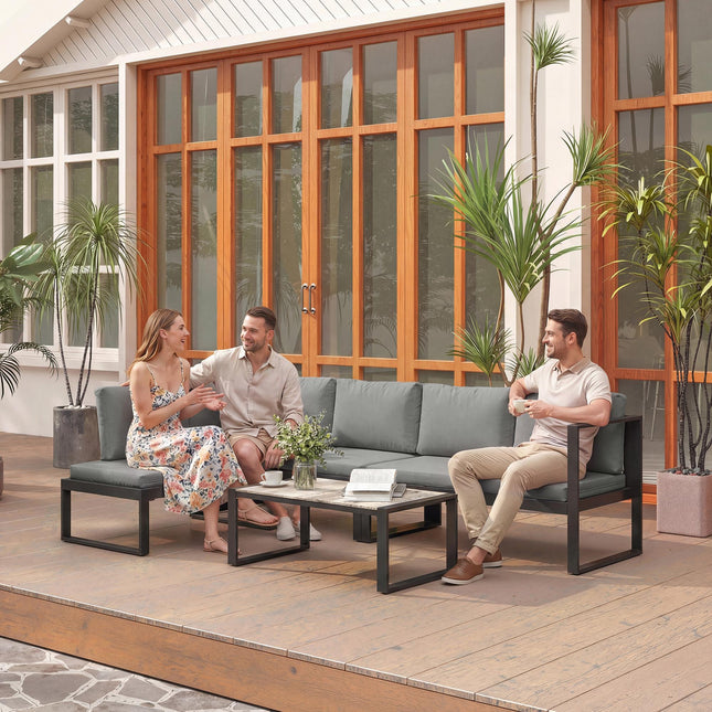 4 Piece Garden Furniture Set, Garden Sofa Set with 2 Loveseats, Armless Chair, Coffee Table for Balcony, Dark Grey