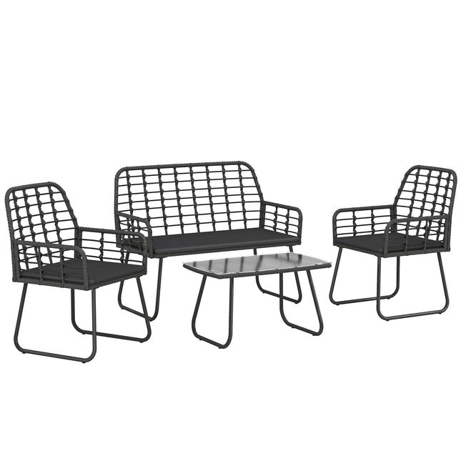 4 Piece Rattan Garden Furniture Set, Outdoor Patio Furniture with Loveseat, Armchairs and Coffee Table
