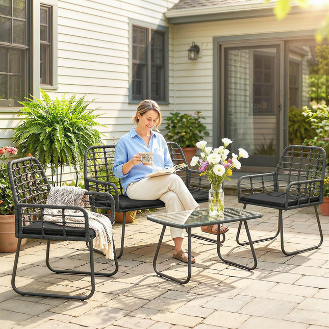 4 Piece Rattan Garden Furniture Set, Outdoor Patio Furniture with Loveseat, Armchairs and Coffee Table