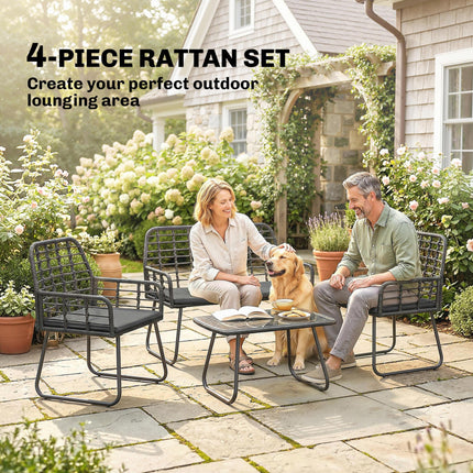 4 Piece Rattan Garden Furniture Set, Outdoor Patio Furniture with Loveseat, Armchairs and Coffee Table