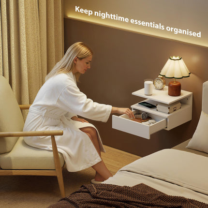 Set of Two Floating Bedside Tables - White Hg