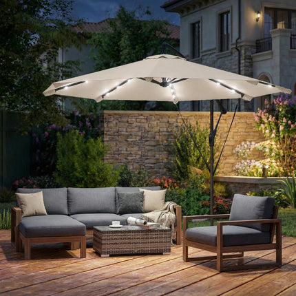 3 m Cantilever Parasol with Solar LED Lights Garden Umbrella with Cross Base, Cream White