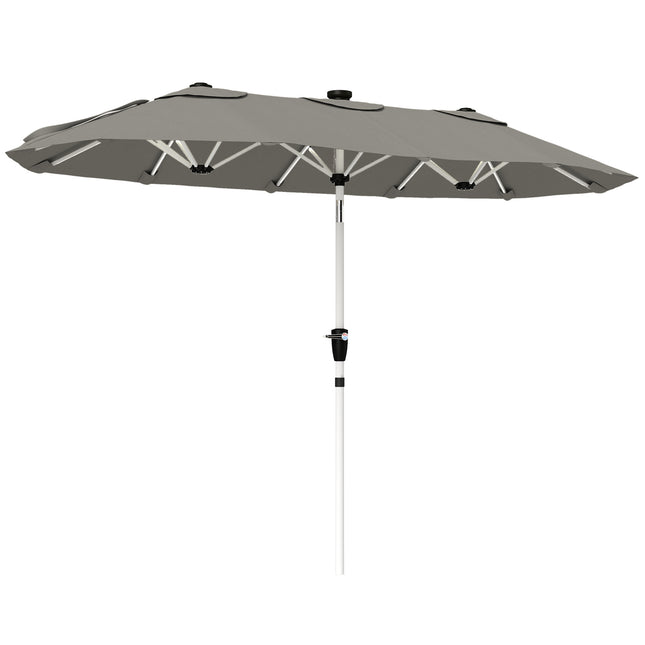 3 m Double-Sided Garden Parasol with LED Solar Lights, Outdoor Extra Large Sun Umbrella with Crank Handle, Grey