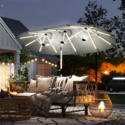 3 m Double-Sided Garden Parasol with LED Solar Lights, Outdoor Extra Large Sun Umbrella with Crank Handle, Grey