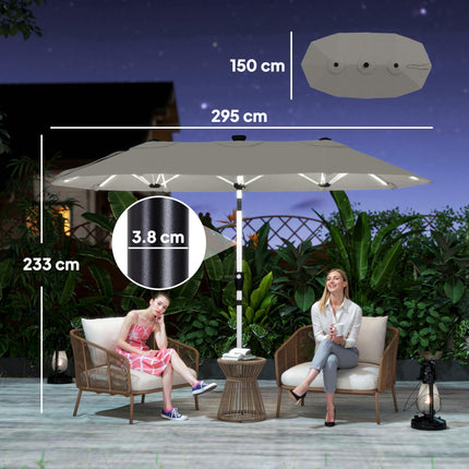 3 m Double-Sided Garden Parasol with LED Solar Lights, Outdoor Extra Large Sun Umbrella with Crank Handle, Grey