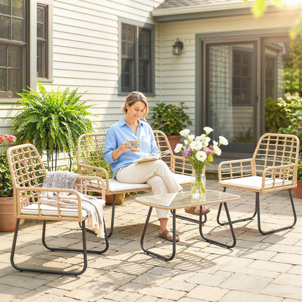 4 Piece Rattan Garden Furniture Set, Outdoor Patio Furniture with Loveseat, Armc