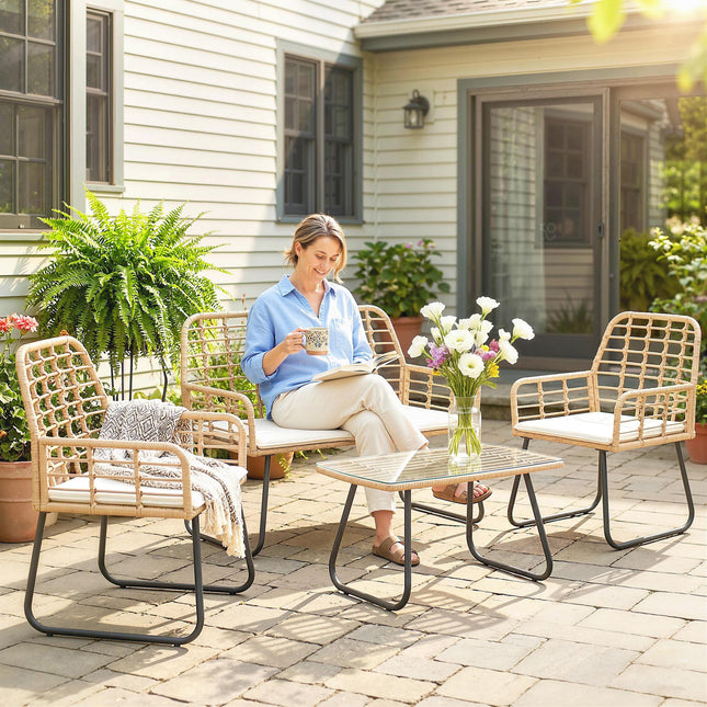 4 Piece Rattan Garden Furniture Set, Outdoor Patio Furniture with Loveseat, Armc