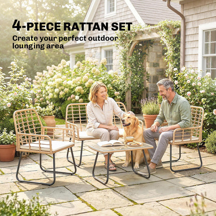 4 Piece Rattan Garden Furniture Set, Outdoor Patio Furniture with Loveseat, Armc