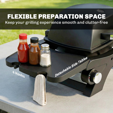2 Burner Gas Grill with 2 Detachable Side Tables, 3.8 KW Steel Barbecue Grill with Cast Iron Grates, Lid, Thermometer