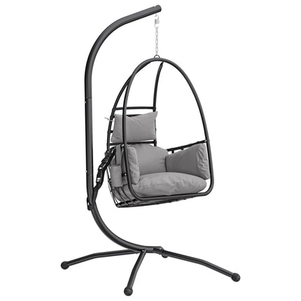 Hanging Egg Chair, Indoor Outdoor Swinging Hammock Chair with Stand, Foldable Basket, Side Pocket, Dark Grey
