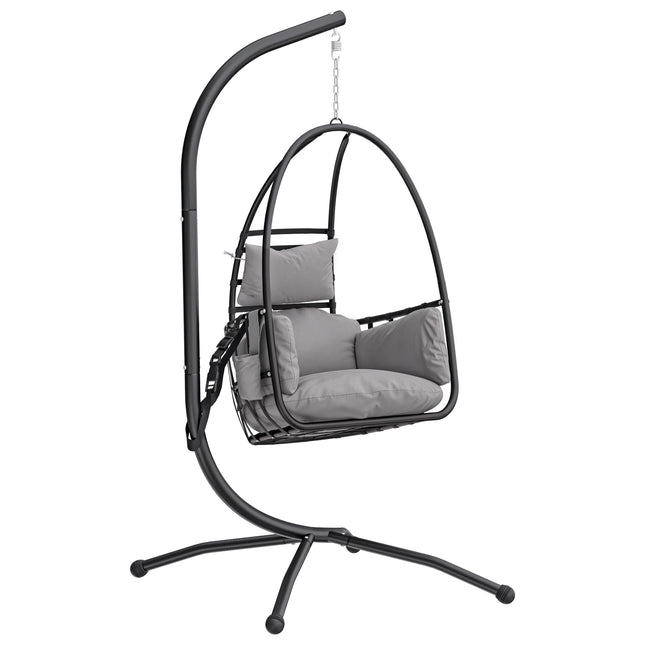 Hanging Egg Chair, Indoor Outdoor Swinging Hammock Chair with Stand, Foldable Basket, Side Pocket, Dark Grey