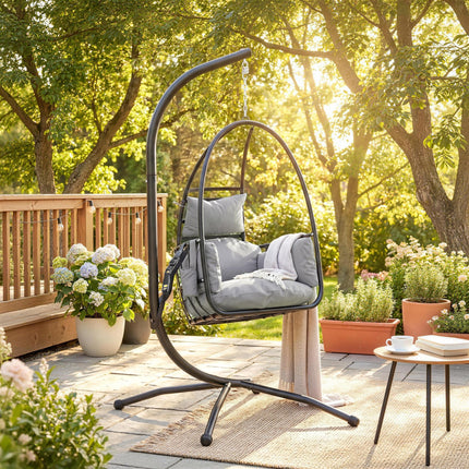 Hanging Egg Chair, Indoor Outdoor Swinging Hammock Chair with Stand, Foldable Basket, Side Pocket, Dark Grey