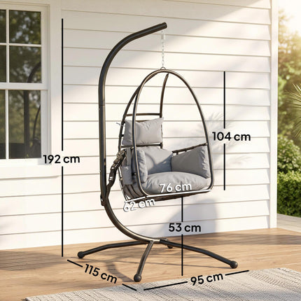 Hanging Egg Chair, Indoor Outdoor Swinging Hammock Chair with Stand, Foldable Basket, Side Pocket, Dark Grey