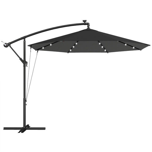 3 m Cantilever Parasol with Solar LED Lights Garden Umbrella with Cross Base, Black