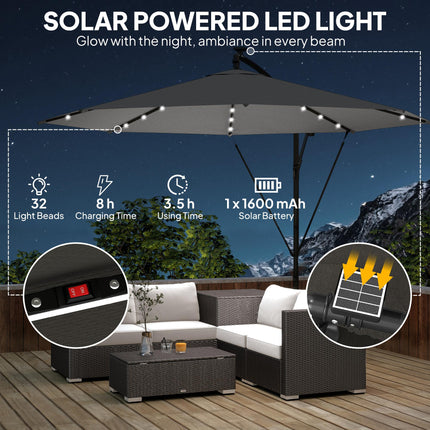 3 m Cantilever Parasol with Solar LED Lights Garden Umbrella with Cross Base, Black