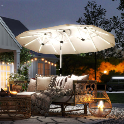 3 m Double-Sided Garden Parasol with LED Solar Lights, Outdoor Extra Large Sun Umbrella with Crank Handle, Cream White