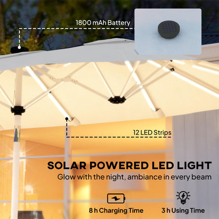 3 m Double-Sided Garden Parasol with LED Solar Lights, Outdoor Extra Large Sun Umbrella with Crank Handle, Cream White