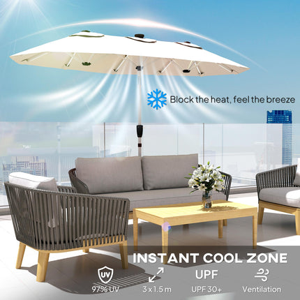 3 m Double-Sided Garden Parasol with LED Solar Lights, Outdoor Extra Large Sun Umbrella with Crank Handle, Cream White