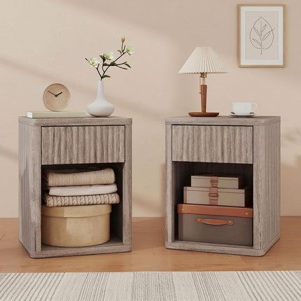 Modern Bedside Table Set of 2, Bedside Cabinet with Drawer and Open Shelf, Side End Table, Nightstand for Bedroom, Oak