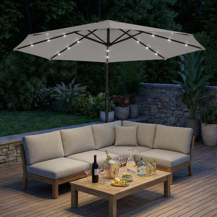 3 m Cantilever Parasol with Solar LED Lights Garden Umbrella with Cross Base, Light Grey