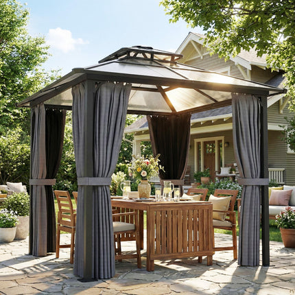 2.5 x 2.5 m Hardtop Gazebo Canopy with Double PC Roof, Drainage Gutters, Garden