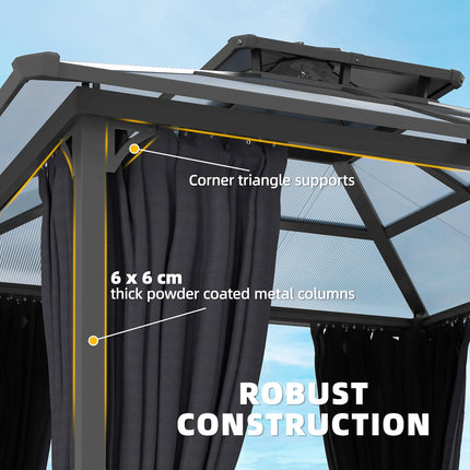 2.5 x 2.5 m Hardtop Gazebo Canopy with Double PC Roof, Drainage Gutters, Garden