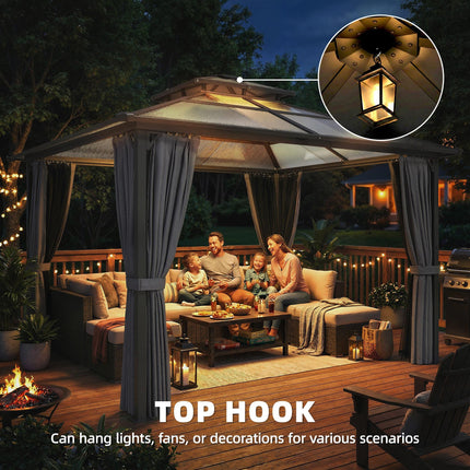 2.5 x 2.5 m Hardtop Gazebo Canopy with Double PC Roof, Drainage Gutters, Garden