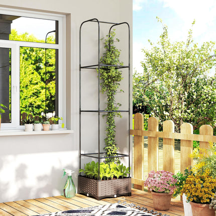 Raised Garden Bed with Trellis, Plastic Planter Box with Drainage Holes, Drain Plugs and Water Reservoirs