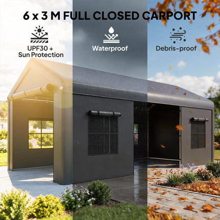 3 x 6 m Heavy Duty Carport, Portable Garage Car Canopy Tent with Galvanised Fram