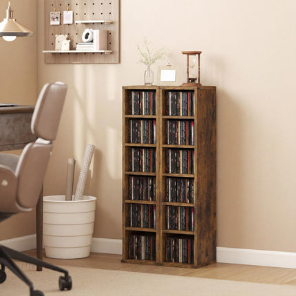 Set of 2 CD Media Display Shelf Unit Tower Rack with Adjustable Shelves, Rustic Brown