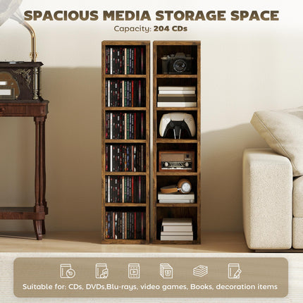 Set of 2 CD Media Display Shelf Unit Tower Rack with Adjustable Shelves, Rustic Brown