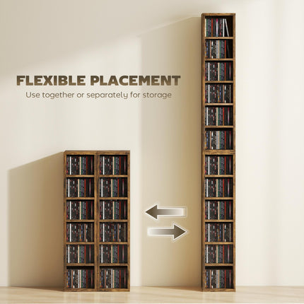 Set of 2 CD Media Display Shelf Unit Tower Rack with Adjustable Shelves, Rustic Brown
