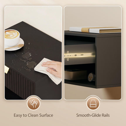Set of 2 Wall Mounted Nightstands, Floating Bedside Tables with Fluted Drawer and Open Shelf for Small Bedroom, Black