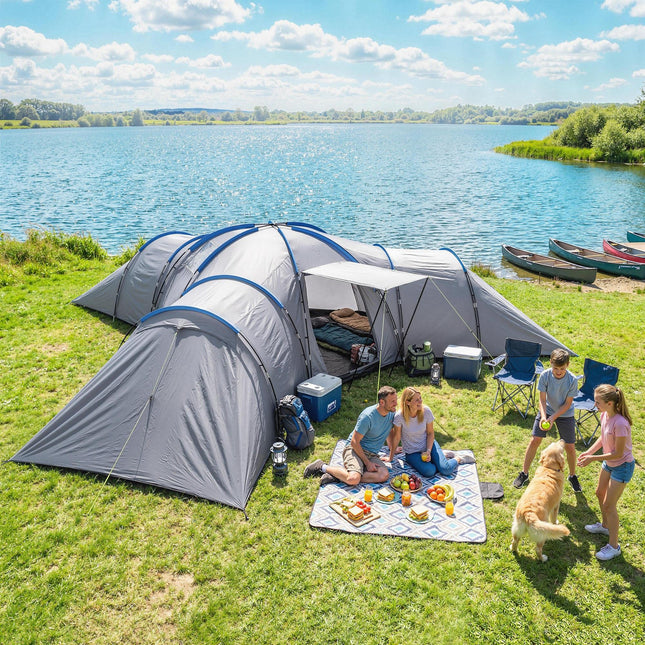 6-9 Man Large Tunnel Tent with 3 Bedrooms, Living Area and Porch, Light Grey