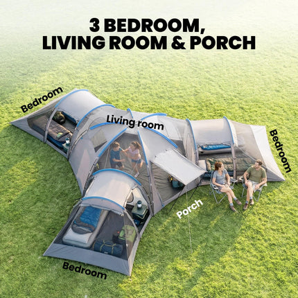 6-9 Man Large Tunnel Tent with 3 Bedrooms, Living Area and Porch, Light Grey